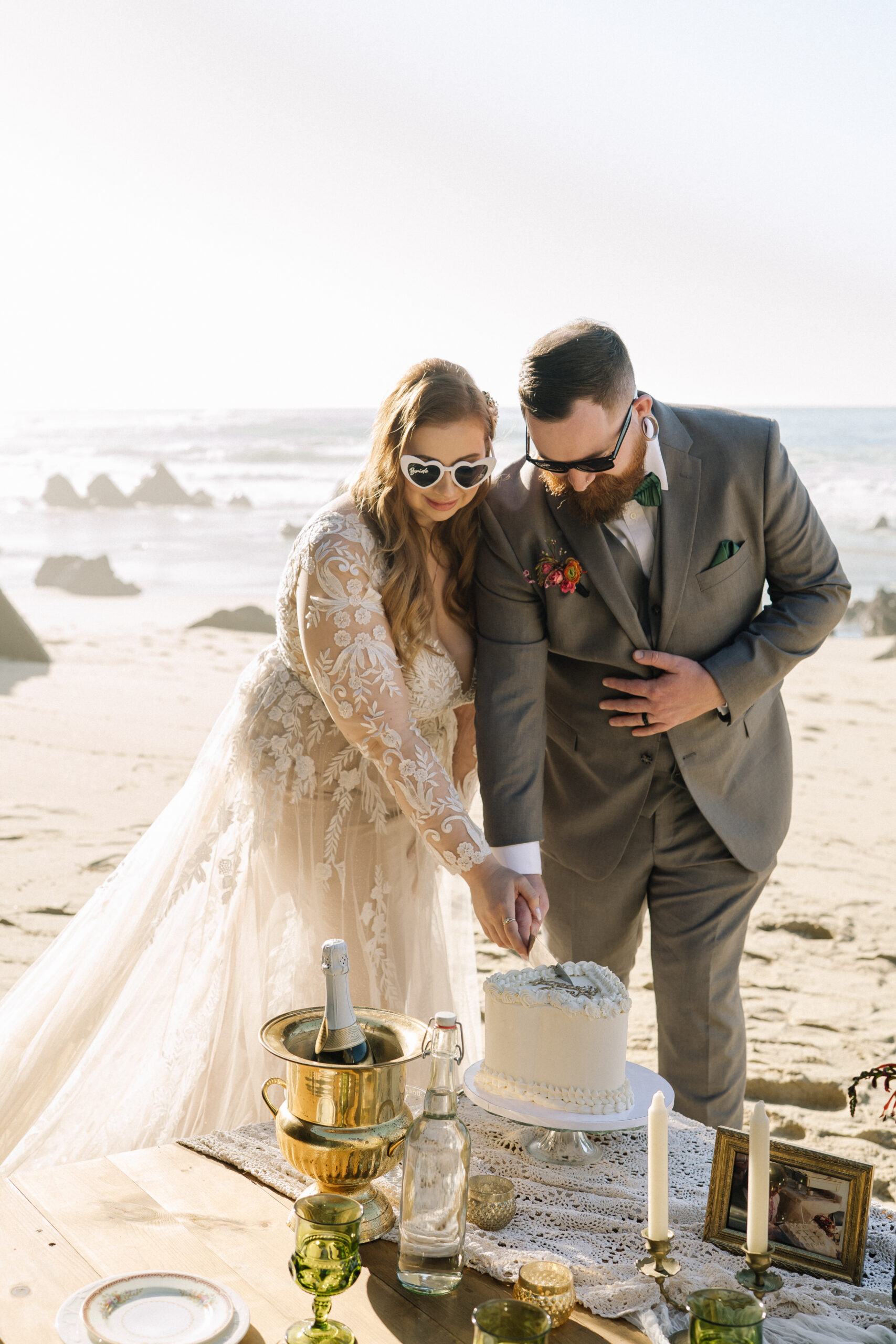 Big Sur Beach Elopement Picnic Cake Cutting