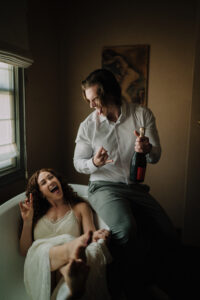 Couple gets ready and celebrates together before their Malibu Elopement